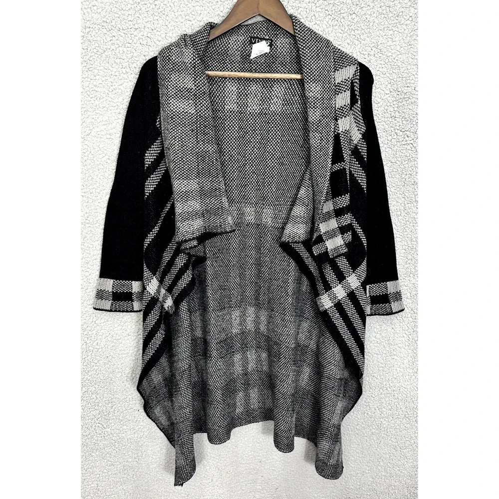 Venus Open Front Cardigan Women Small Black Plaid Waterfall Oversized Academia